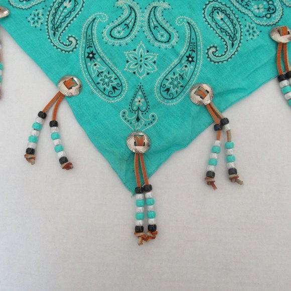 Y2K Southwestern Bandana Silver Tone Metal Conchos, Leather Fringe & Beads New - Picture 4 of 10